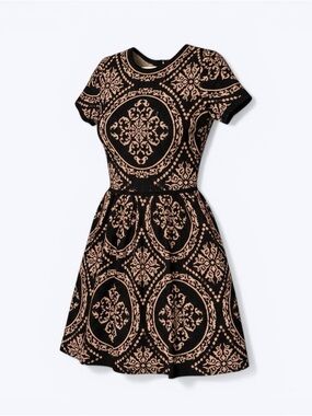 Romeo & Juliet Couture Black and Peach Medallion Fit-and-Flare Dress